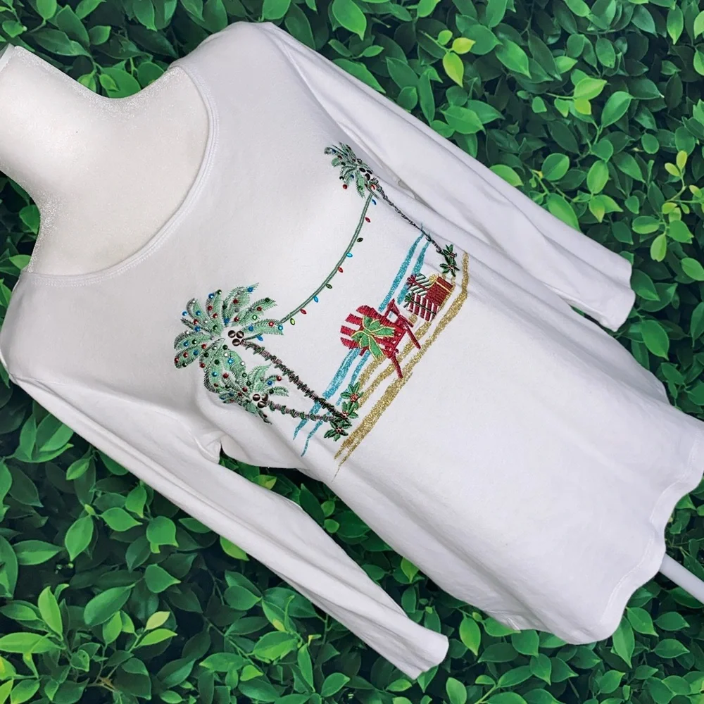 Karen Scott Coastal Christmas Embroidered Palm Tree Cotton Knit Top, Size M - Picture 2 of 6
